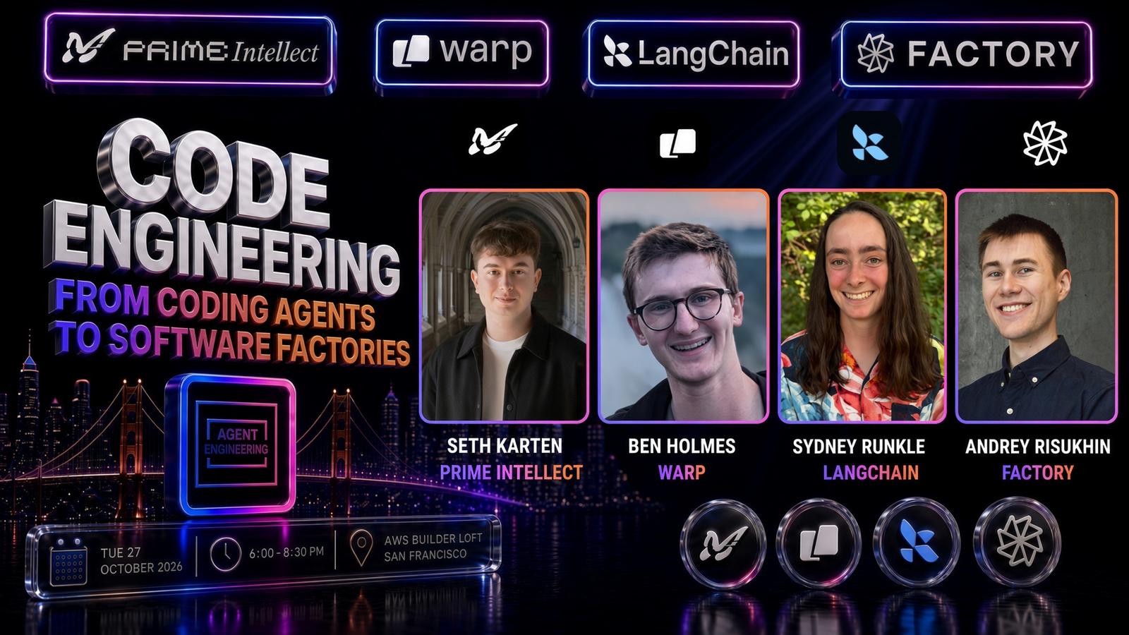 Code Engineering event poster featuring Seth Karten, Ben Holmes, Sydney Runkle, and Andrey Risukhin